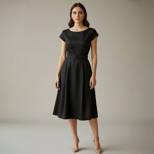 Vintage 100% Silk Fit & Flare Midi Dress – Quiet Luxury 80s Minimalist – 4P